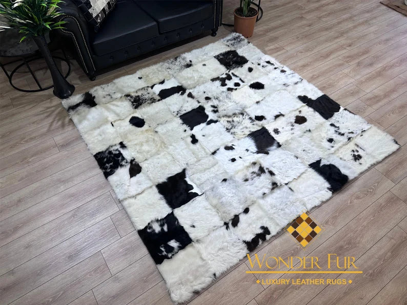 Luxury White and Black Handmade Natural Sheepskin Area Rug, Soft and Fluffy Natural Shaggy Rug