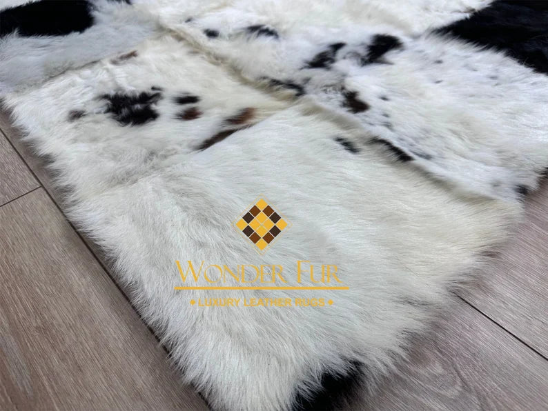 Luxury White and Black Handmade Natural Sheepskin Area Rug, Soft and Fluffy Natural Shaggy Rug