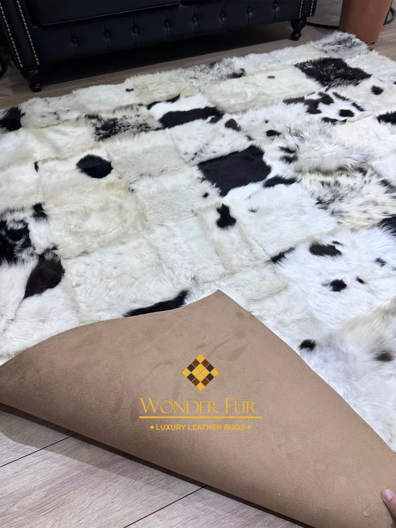 Luxury White and Black Handmade Natural Sheepskin Area Rug, Soft and Fluffy Natural Shaggy Rug