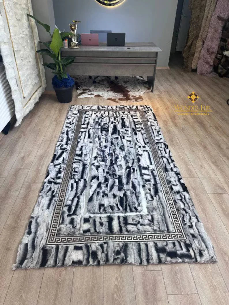 Black Gray Ultra Soft Natural Rabbit Fur Rug, Handamde Rex Area Rug