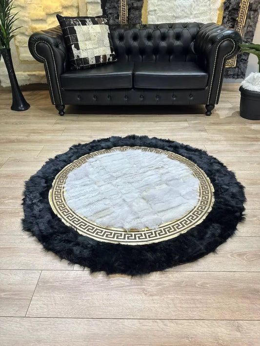 Black White Natural Sheepskin Round Rug, Handmade Real Sheepskin Area Rug