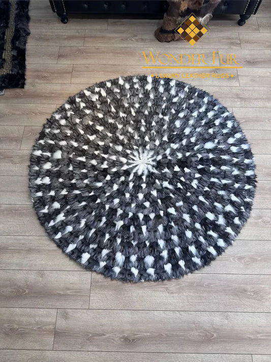 Gray White Round Shaggy Fox Fur Rug, Luxury Handamde Natural Carpet