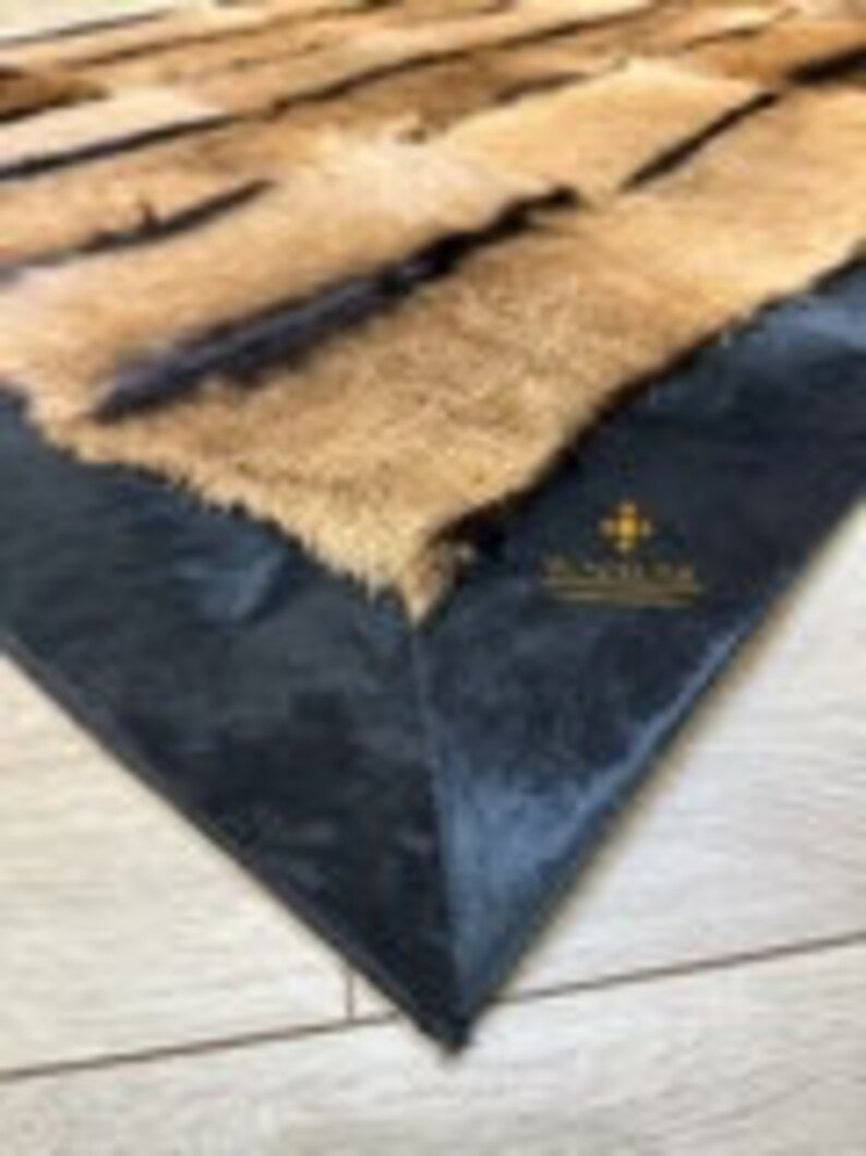 Luxury Genuine Goatskin Brown Area Rug with Black Border, Fluffy Handmade Rug