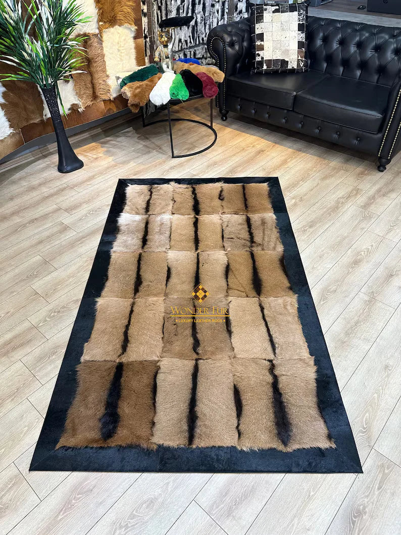 Luxury Genuine Goatskin Brown Area Rug with Black Border, Fluffy Handmade Rug