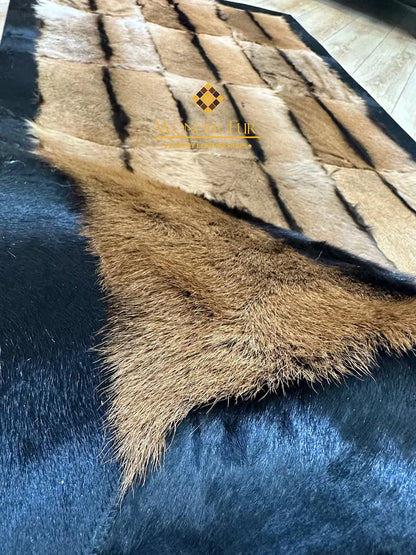 Luxury Genuine Goatskin Brown Area Rug with Black Border, Fluffy Handmade Rug