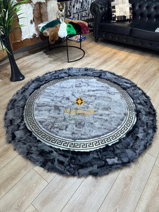 Gray Natural Sheepskin Handmade Round Rug for Entrance, Ultra Soft Non Slip Rug