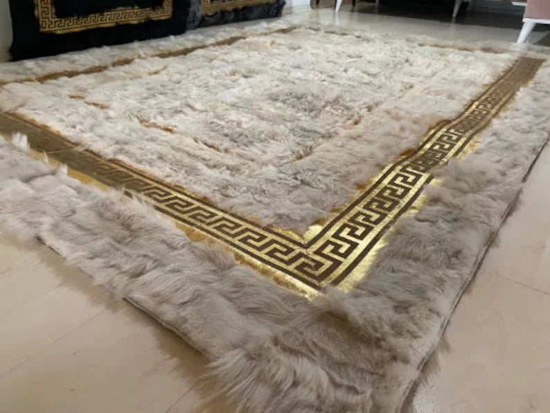 Beige Gold Natural Sheepskin Area Rug, Ultra Soft Fluffy Handmade Elegance