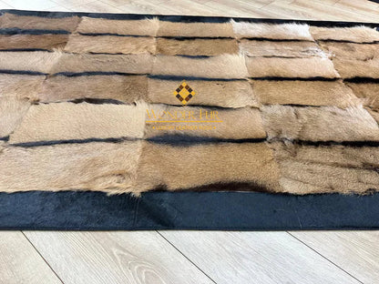 Luxury Genuine Goatskin Brown Area Rug with Black Border, Fluffy Handmade Rug