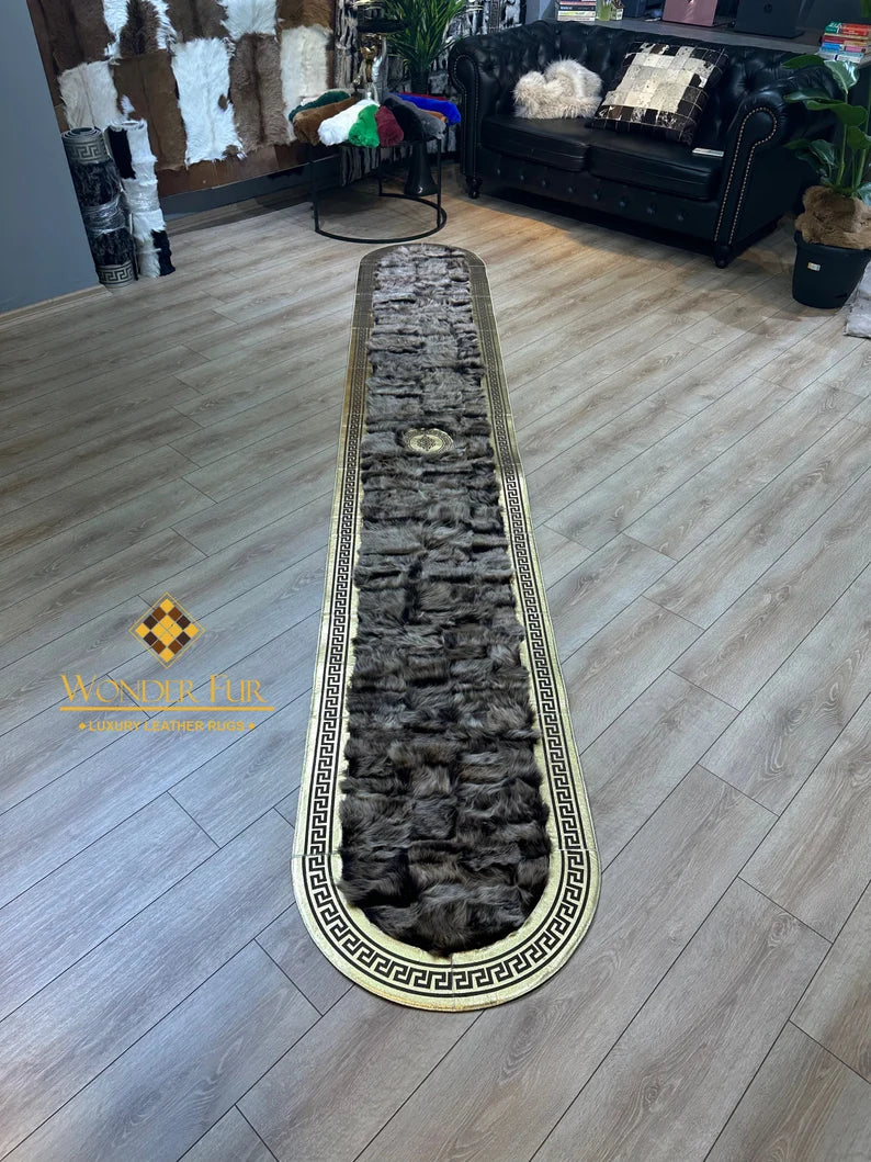 Luxury Brown Real Fur Hallway Ruy, Handmade Soft Sheepskin Runner Rug