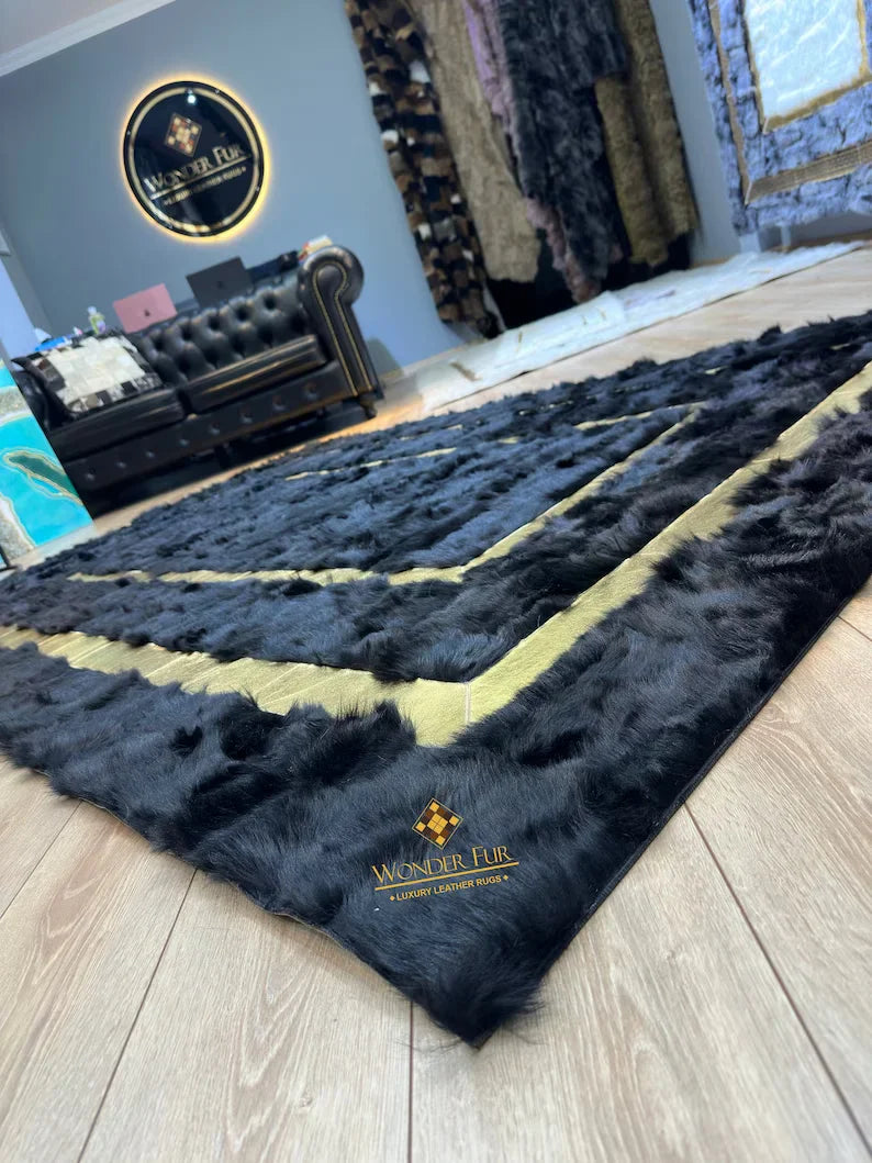 Gold Black 100% Genuine Sheepskin Area 6x9 Rug, Shaggy Handmade Carpet