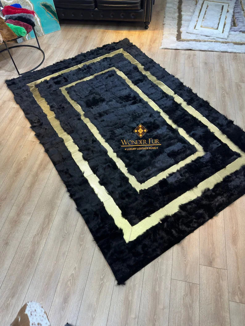 Gold Black 100% Genuine Sheepskin Area 6x9 Rug, Shaggy Handmade Carpet