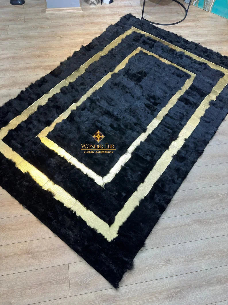 Gold Black 100% Genuine Sheepskin Area 6x9 Rug, Shaggy Handmade Carpet