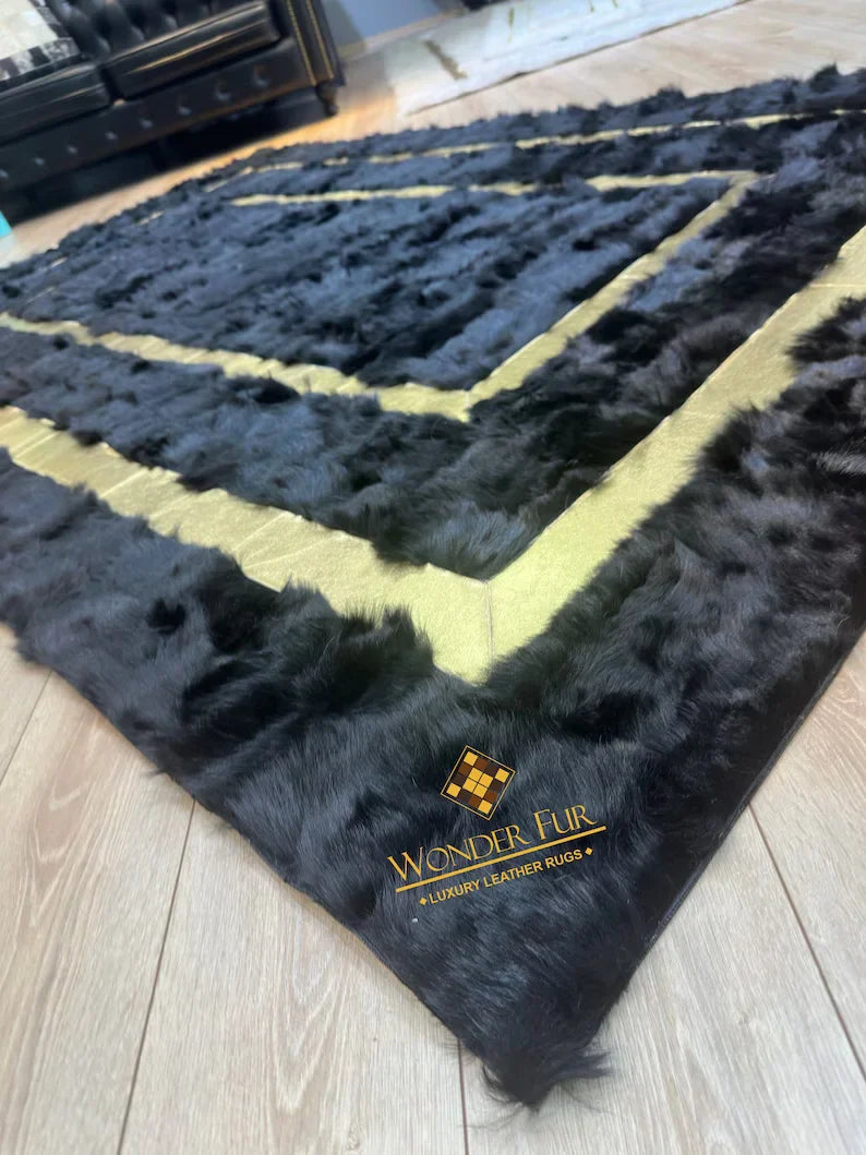 Gold Black 100% Genuine Sheepskin Area 6x9 Rug, Shaggy Handmade Carpet