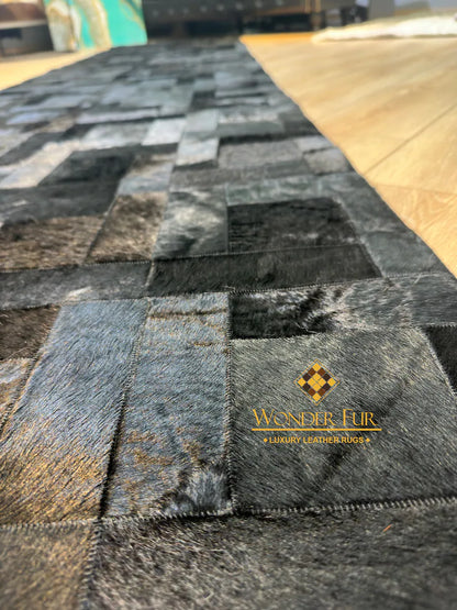 Black Cowhide Patchwork Rug, Handmade 100% Genuine Cowhide Runner Rug