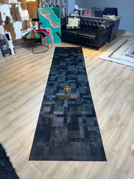 Black Cowhide Patchwork Rug, Handmade 100% Genuine Cowhide Runner Rug