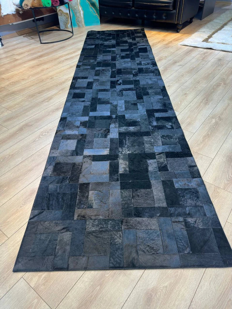 Black Cowhide Patchwork Rug, Handmade 100% Genuine Cowhide Runner Rug