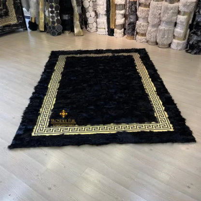 Large handmade natural black silver sheepskin rug with decorative border for living room decor