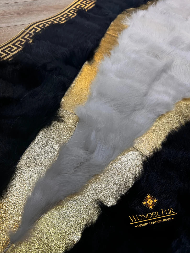 Unique Design Black White Natural Sheepskin Runner Rug, Handmade Hallway Rug