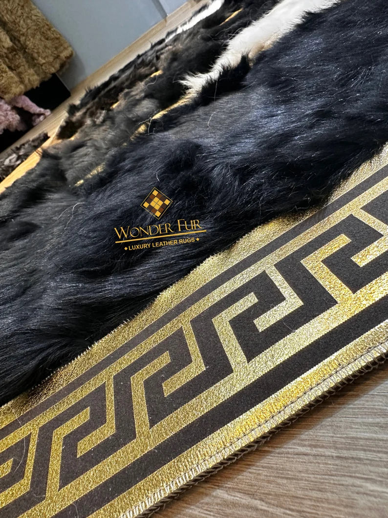 Unique Design Black White Natural Sheepskin Runner Rug, Handmade Hallway Rug