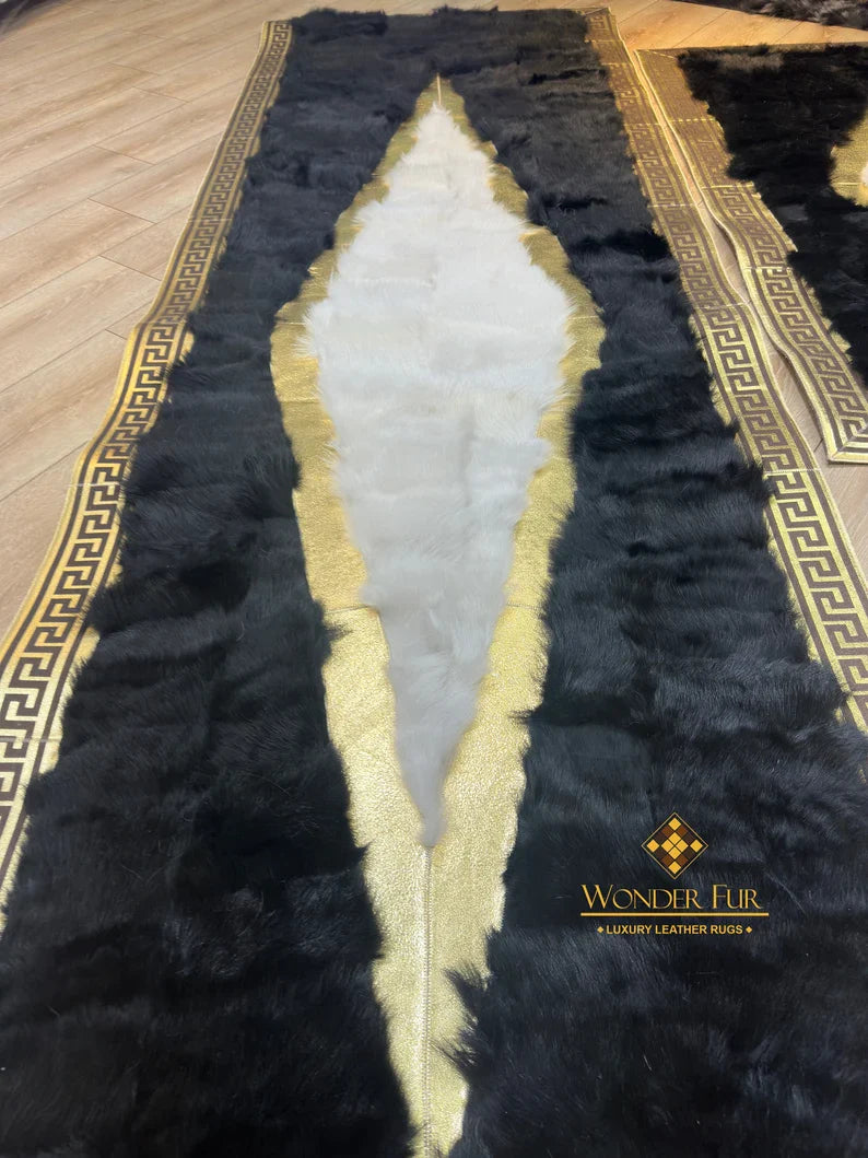 Unique Design Black White Natural Sheepskin Runner Rug, Handmade Hallway Rug