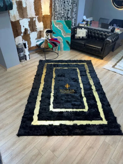 Gold Black 100% Genuine Sheepskin Area 6x9 Rug, Shaggy Handmade Carpet