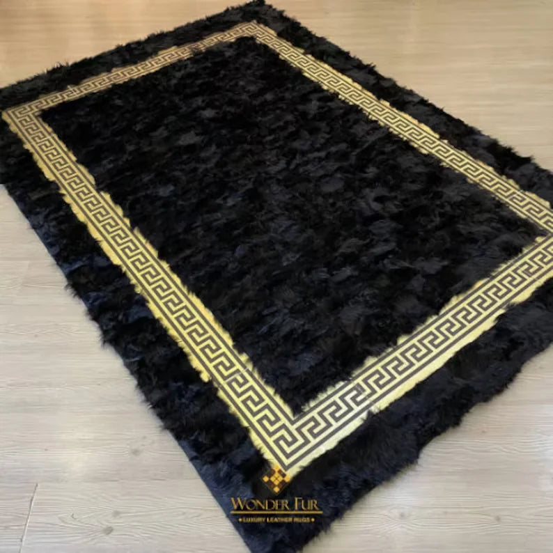 Handmade Natural Black Silver Sheepskin Large Living Room Decor Carpet