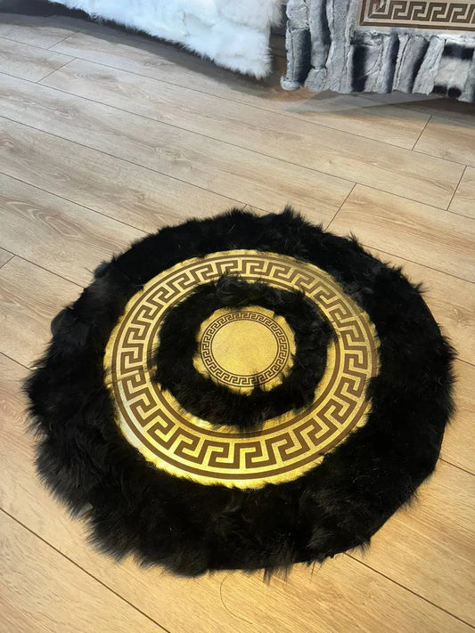 Black Gold Luxury Natural Sheepskin Area Rug, Fluffy Handmade Elegance