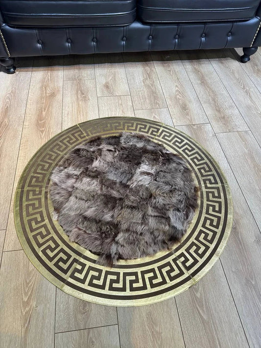 Brown Gold Luxury Natural Sheepskin Round Rug, Handmade Unique Soft Rug