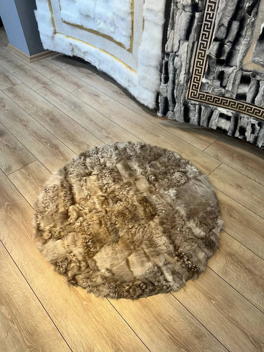 Beige 100% Genuine Sheepskin Round Rug, Handmade Fluffy Shaggy Area Rug