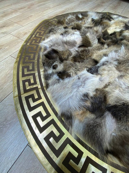 Unique Natural Fox Fur Round Carpet with Gold Borders, Handmade Elegance