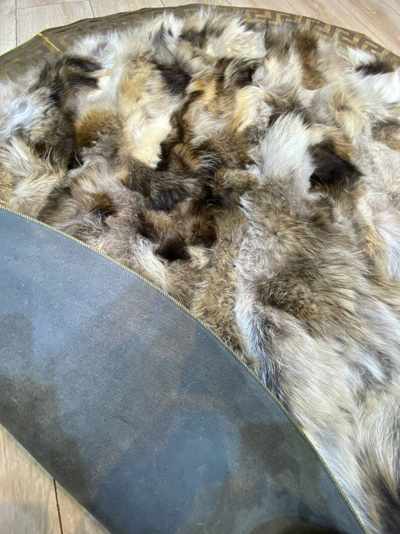 Unique Natural Fox Fur Round Carpet with Gold Borders, Handmade Elegance