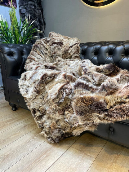 Genuine Real Fur Brown Sheepskin Blanket, Shawl Cozy Natural Fur Throw