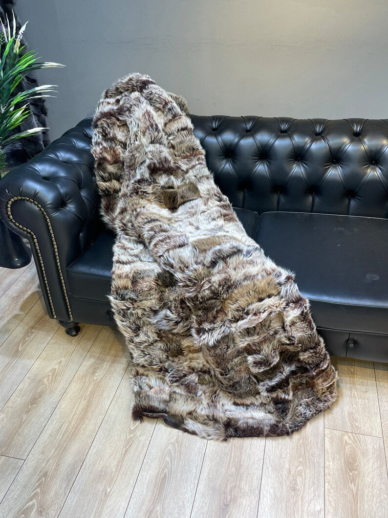 Genuine Real Fur Brown Sheepskin Blanket, Shawl Cozy Natural Fur Throw