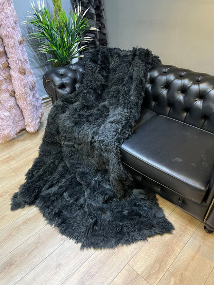 Genuine Leather Cozy Black Throw & Blanket, Sheepskin Fur Throw Shawl Blanket