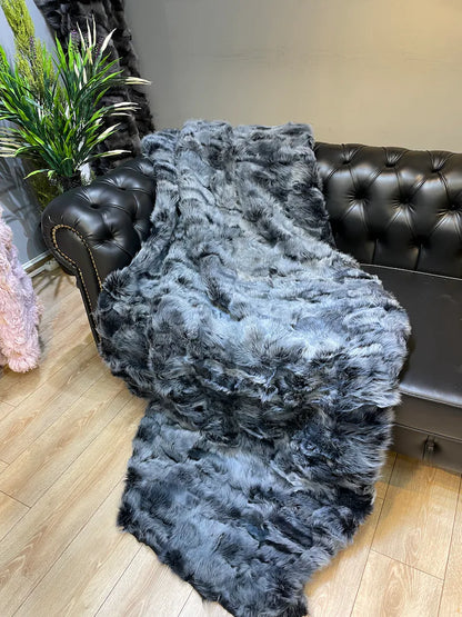 Gray Natural Fur Handmade Sheepskin Patchwork Blanket, Cozy Shaggy Real Fur Throw