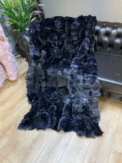 Genuine Navy Blue Throw King Size Blanket, Ultra Soft Natural Sheepskin Fur Throw