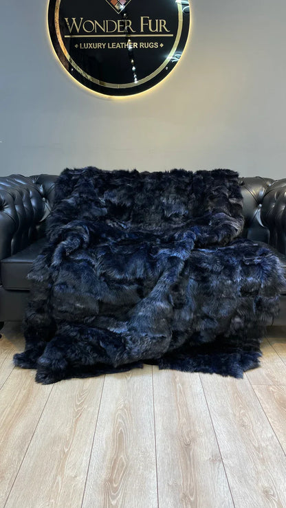 Genuine Navy Blue Throw King Size Blanket, Ultra Soft Natural Sheepskin Fur Throw