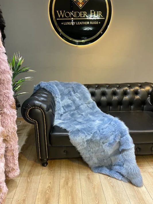 High Quality Natural Sheepskin Light Blue Throw Blanket, Cozy Handmade Blanket