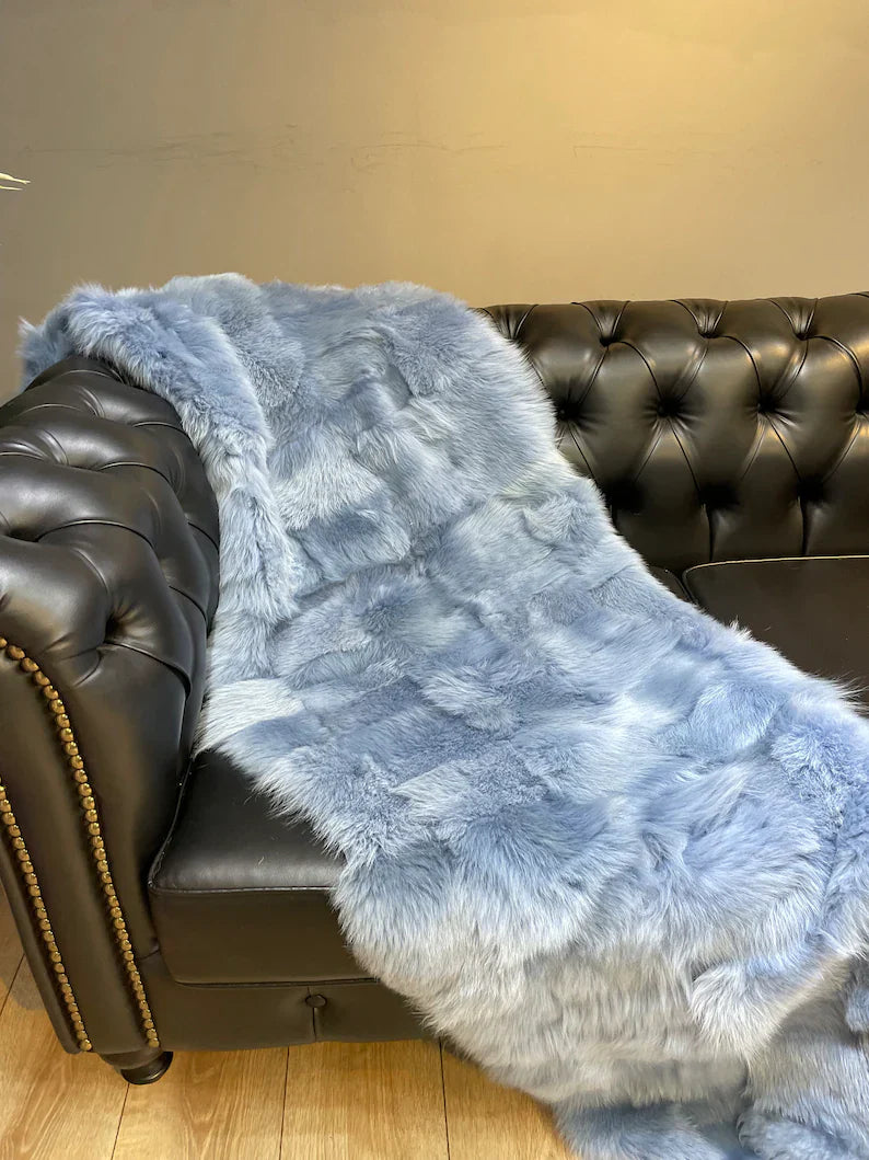 High Quality Natural Sheepskin Light Blue Throw Blanket, Cozy Handmade Blanket