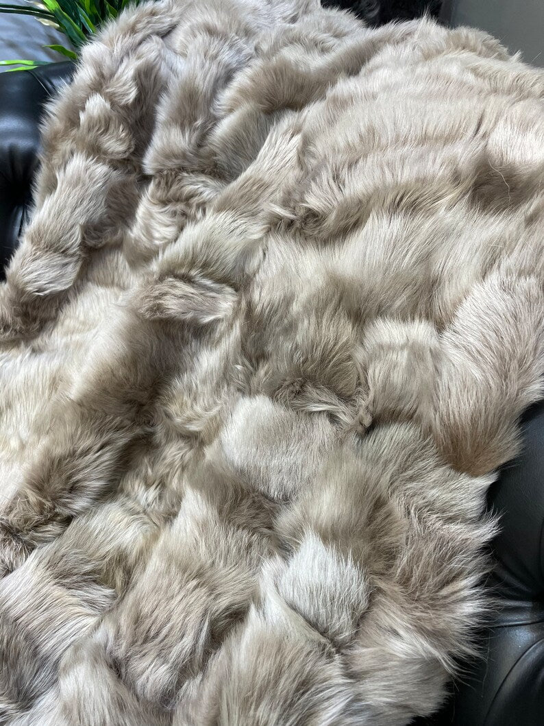 Natural Beige Real Sheepskin Blanket, Handmade Shaggy King Size Fluffy Throw