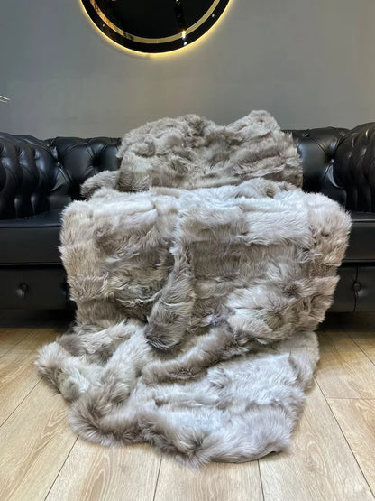 Natural Beige Real Sheepskin Blanket, Handmade Shaggy King Size Fluffy Throw