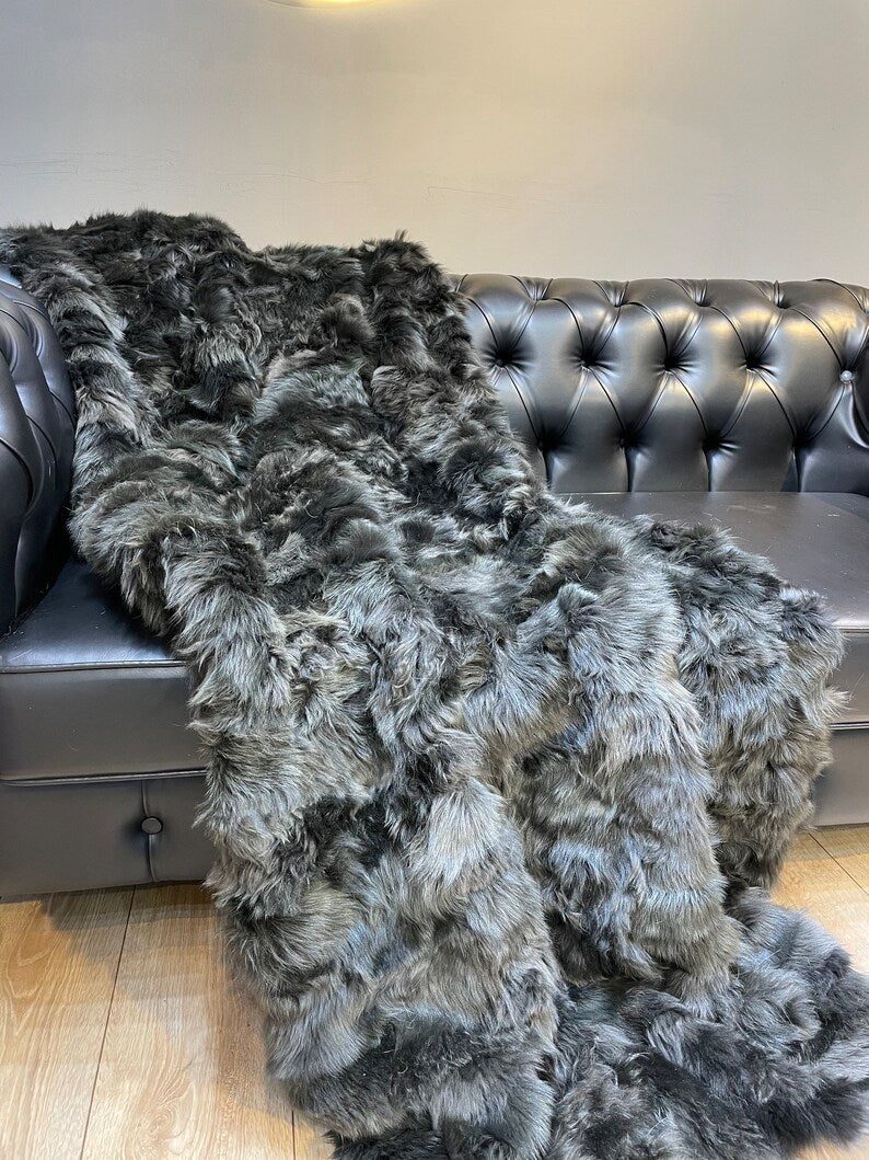 Green Real Sheepskin Fur Blanket, Luxury King Size Shaggy Handmade Natural Blanket