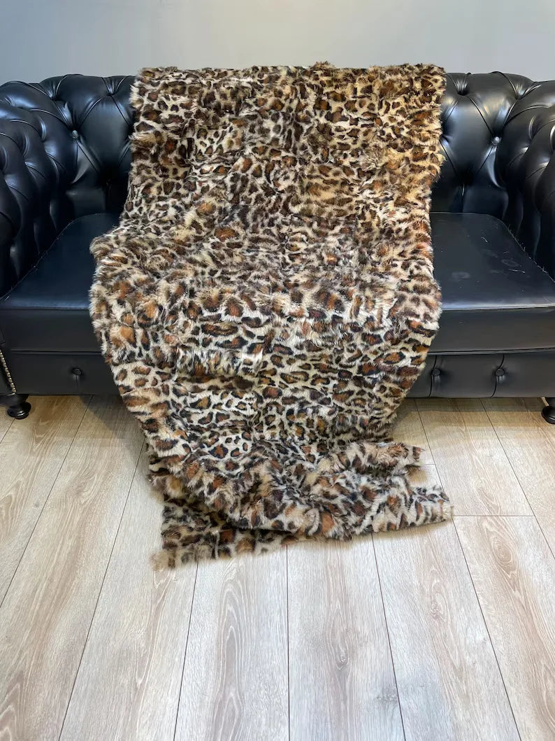 Natural Leopard Style Handmade Sheepskin Fur Blanket, Luxury Cozy Sexy Blanket