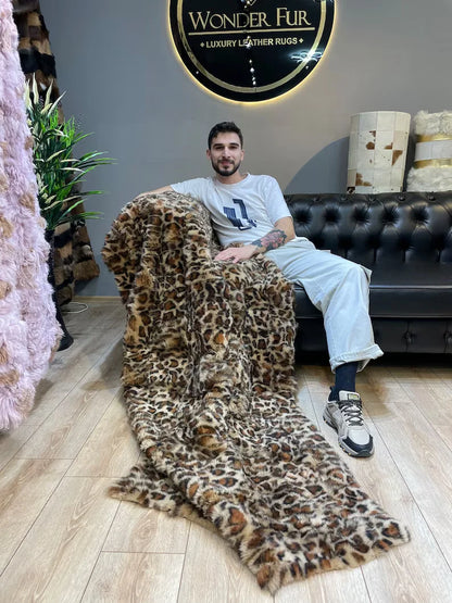 Natural Leopard Style Handmade Sheepskin Fur Blanket, Luxury Cozy Sexy Blanket