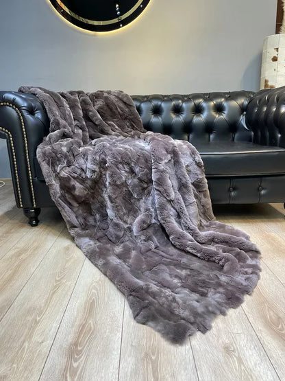 Luxury Natural Leather Rabbit Fur Throw, Handamde Real Leather Blanket