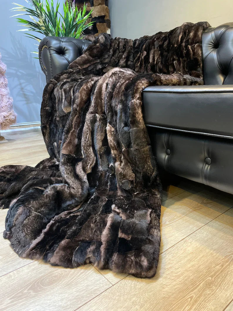 Genuine Rabbit Fur Blanket, Natural Handmade Personalized Fur Shawl Blanket