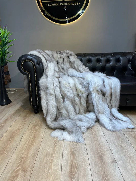 Luxury Canadian Gray Natural Fox Fur Blanket, 100% Handmade Shaggy Throw