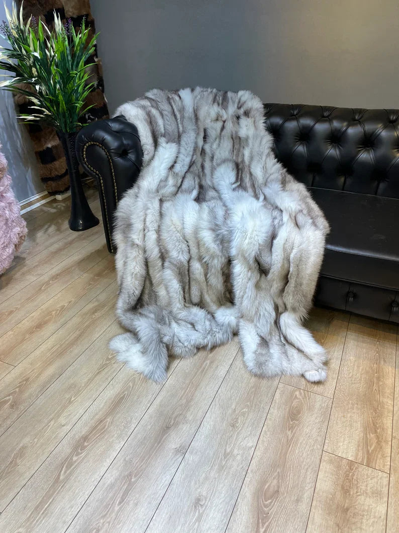 Luxury Canadian Gray Natural Fox Fur Blanket, 100% Handmade Shaggy Throw