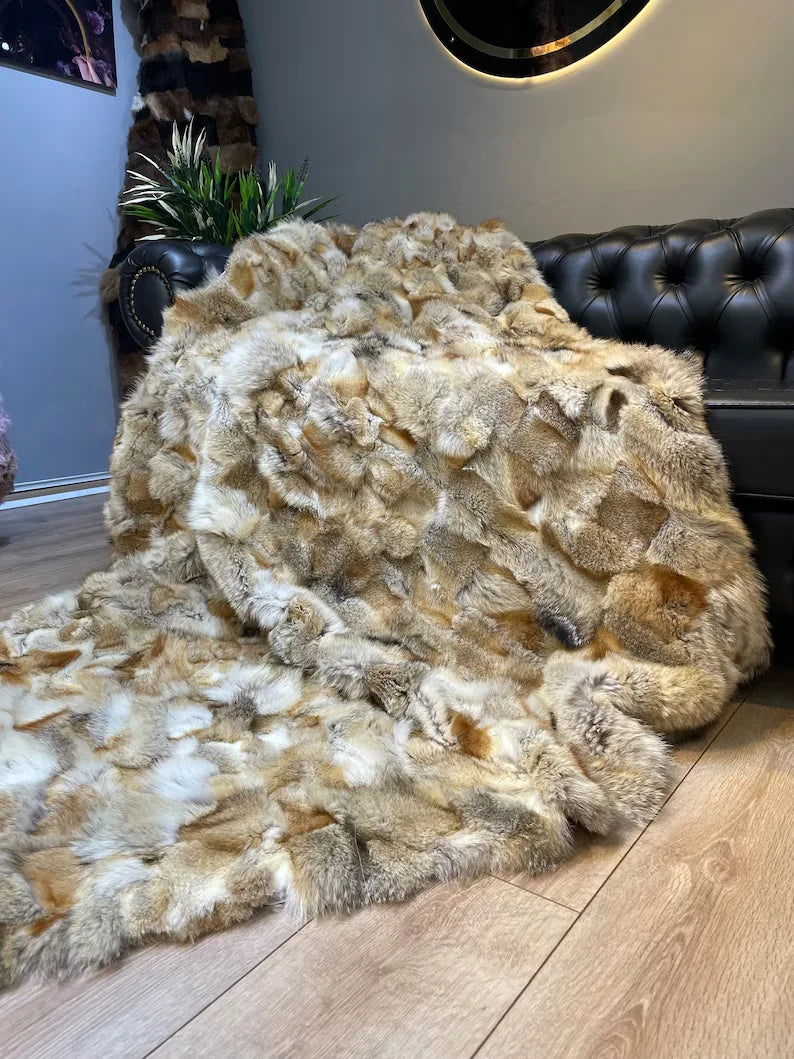 Luxury Genuine Fox Fur Blanket, All Handmade Shaggy Fluffy King Size Throw Blanket