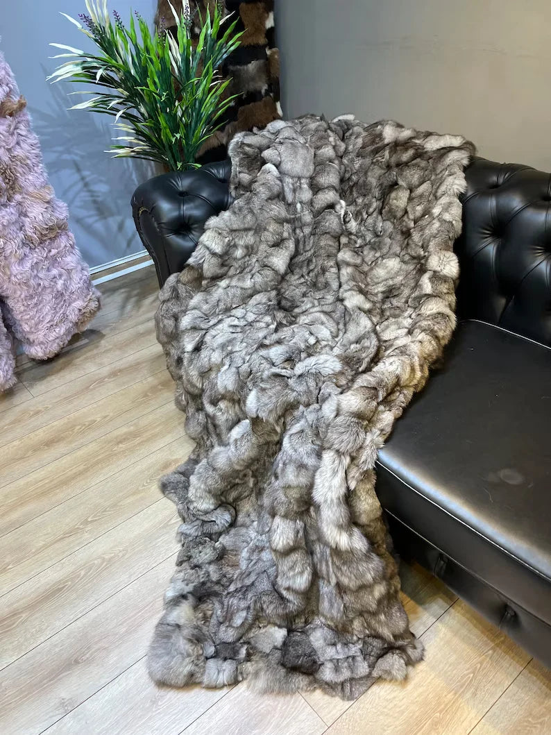 Luxury Ultra Soft Gray Natural Fox Fur Throw Blanket, Real Fur Handmade Blanket